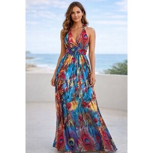 Boho Peacock Feather Halter Tie Maxi Dress Festival Beach Resort Flowy Small
